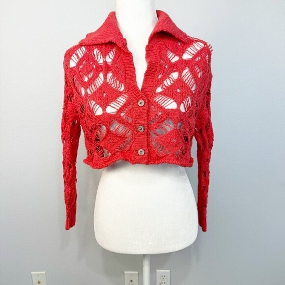 Free People Women's Sedona Cardigan Crop Long Sleeve Button‎ Open Knit Orange XS - Picture 4 of 14